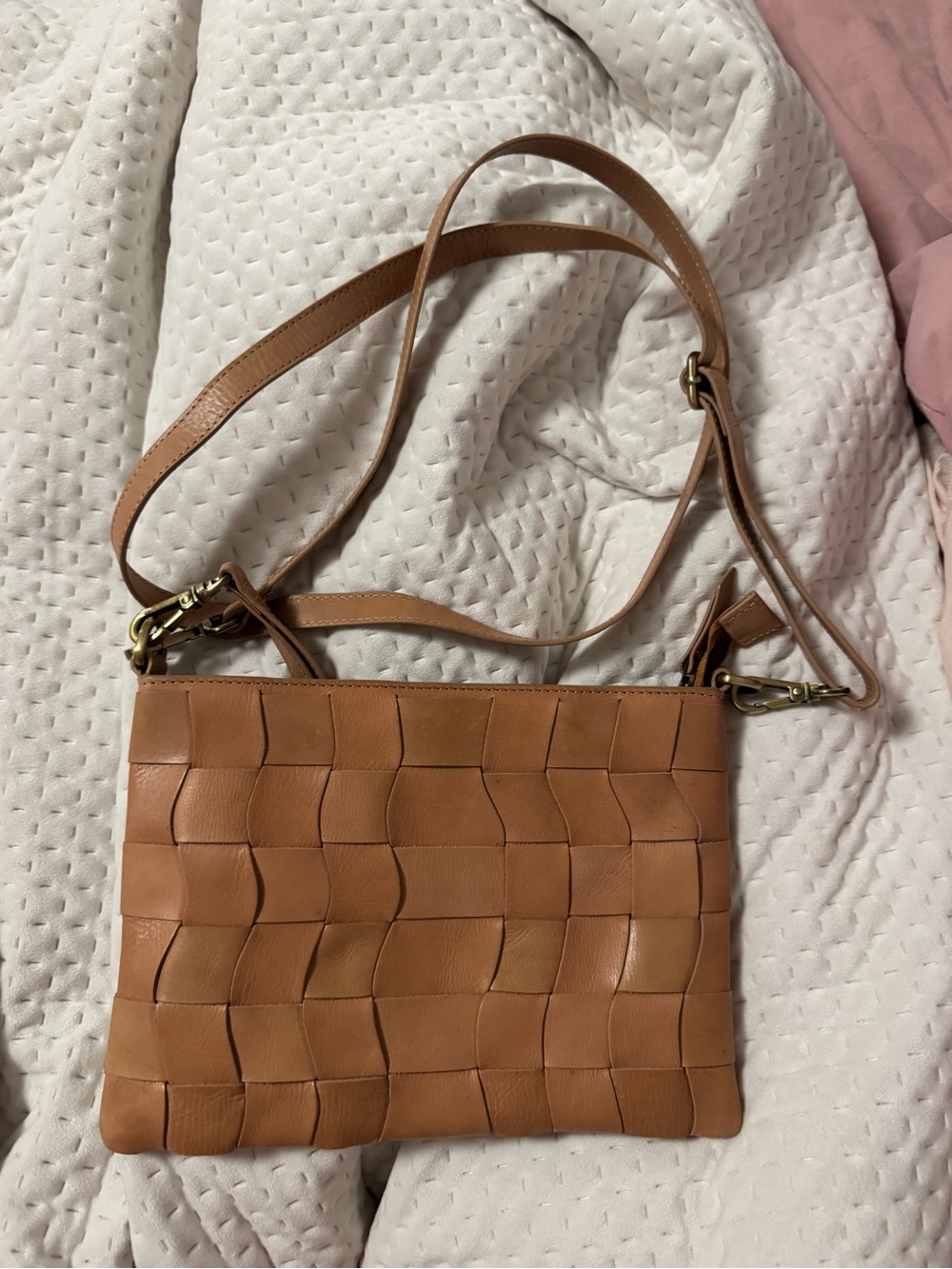 EUC CROSSGROVE & co Woven Leather Crossbody Bag in Tan